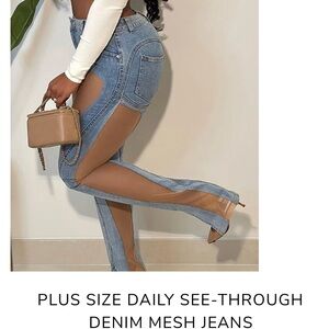 NWT!! Plus Size See Through Denim Mesh Jeans Stretchy Slit By Ankle Size XL